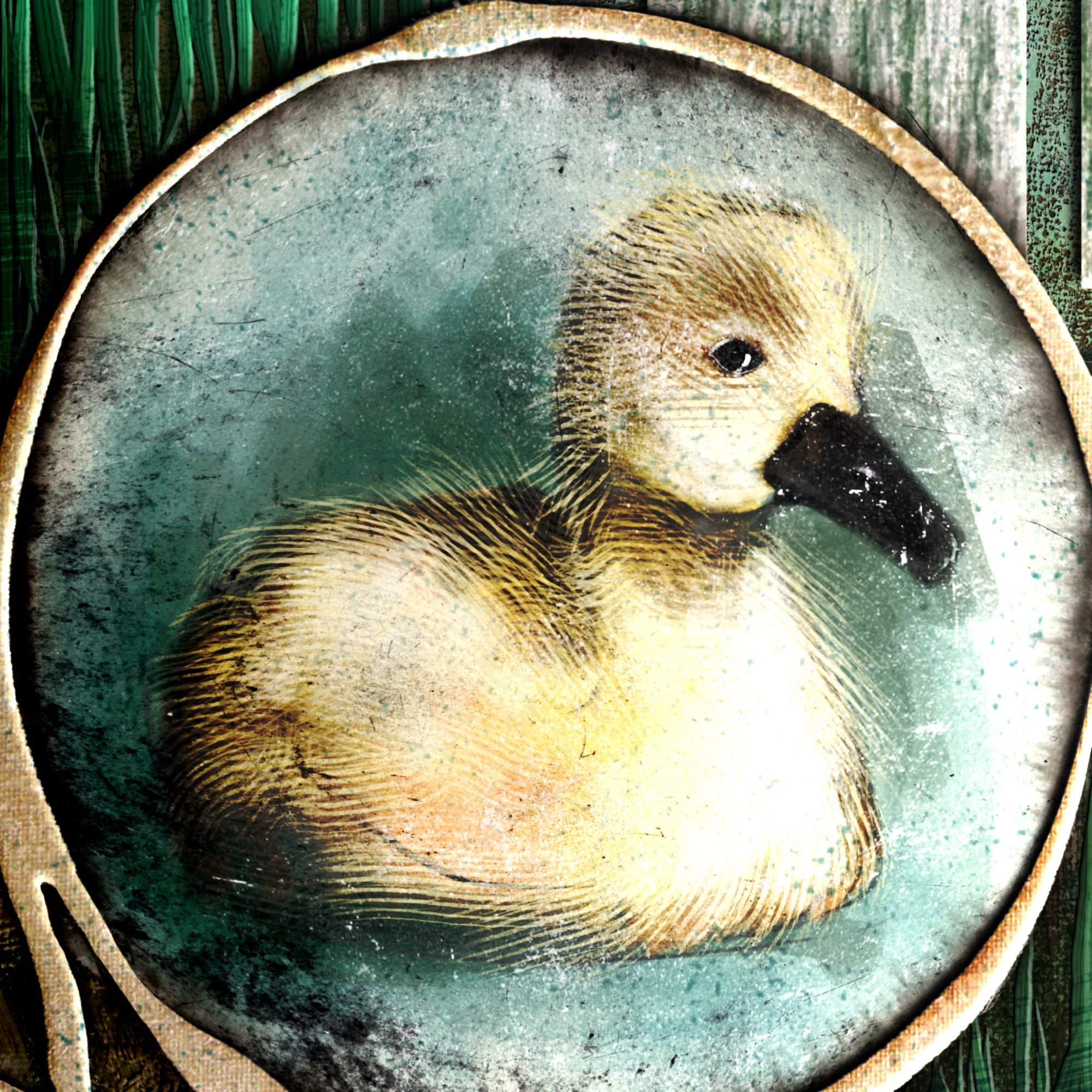 Vintage-style illustration of a duck in a circular frame with a textured border.