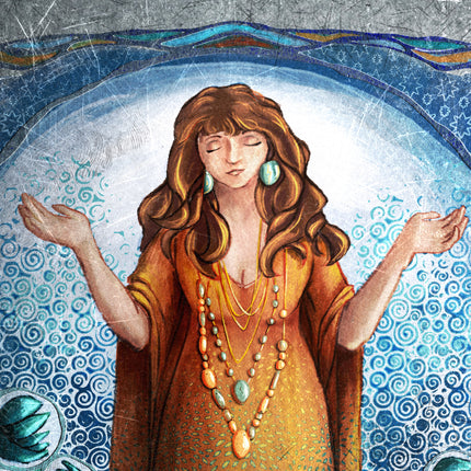 Artistic depiction of a woman with long hair and jewelry against a blue and gray patterned background
