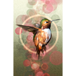 A stylized hummingbird illustration in flight with wings blurred, set against a soft beige background with pink and green bokeh circles and a glowing circular ring behind it.