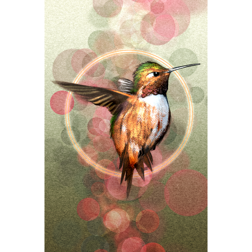 A stylized hummingbird illustration in flight with wings blurred, set against a soft beige background with pink and green bokeh circles and a glowing circular ring behind it.