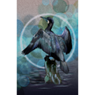 A stylized artwork of a dark bird with spread wings perched on a rock, set against an abstract blue and teal bokeh background with a circular ring behind it.
