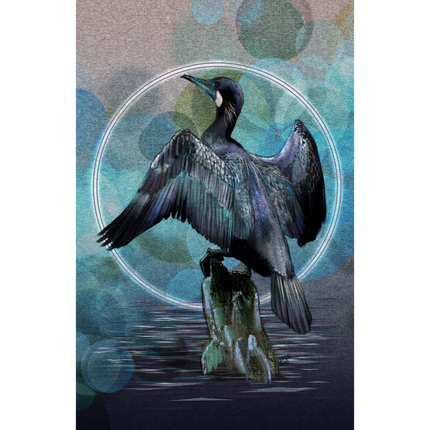 A stylized artwork of a dark bird with spread wings perched on a rock, set against an abstract blue and teal bokeh background with a circular ring behind it.