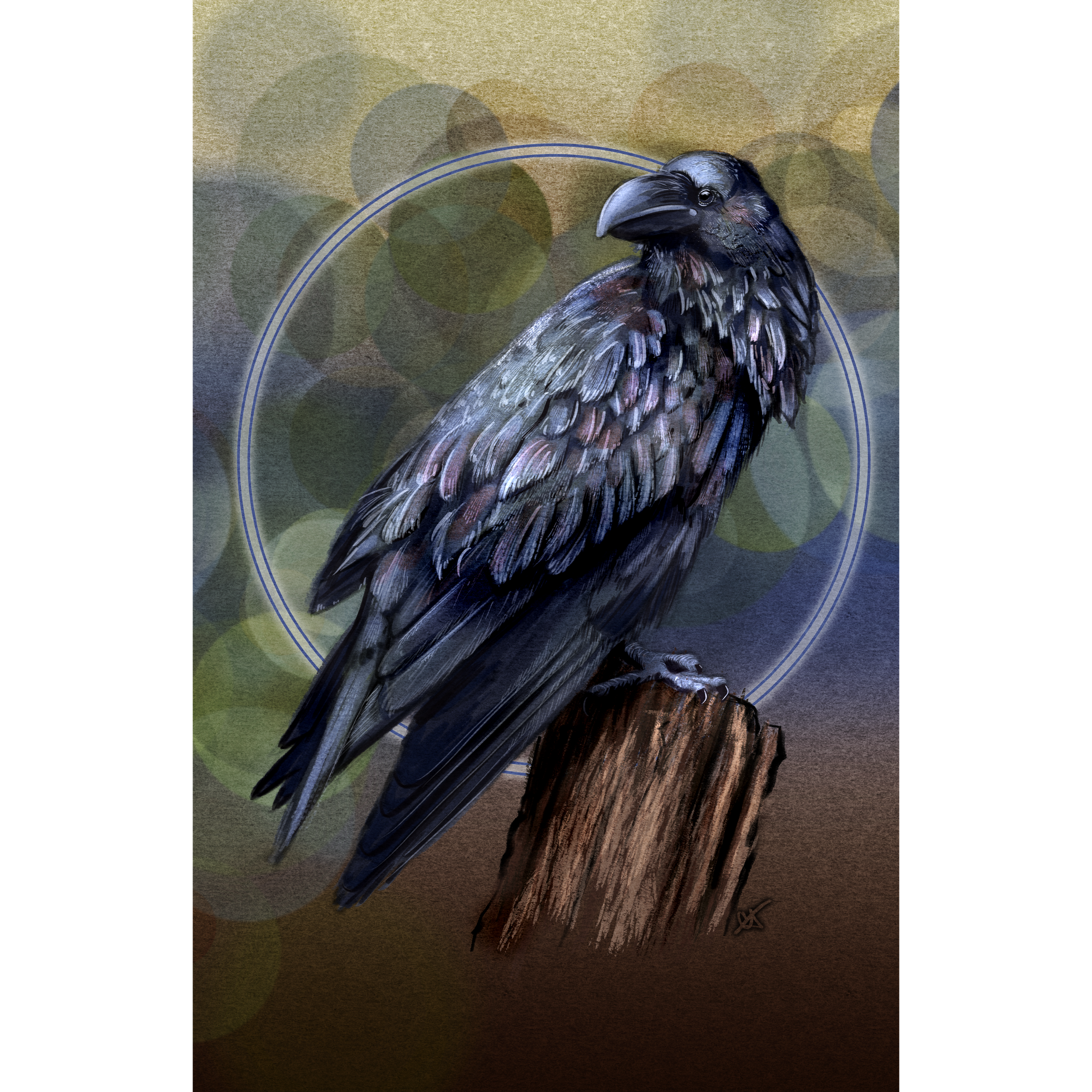 A stylized artwork of a dark raven perched on a wooden stump, with a soft circular halo-like ring behind it and an abstract warm brown and olive background. The bird fills most of the central area, and the scene appears to be the product itself rather than a photo of a physical object in a room.
