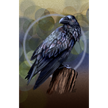 A stylized artwork of a dark raven perched on a wooden stump, with a soft circular halo-like ring behind it and an abstract warm brown and olive background. The bird fills most of the central area, and the scene appears to be the product itself rather than a photo of a physical object in a room.