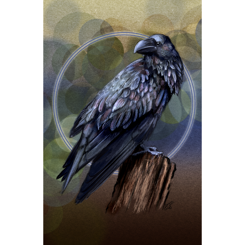 A stylized artwork of a dark raven perched on a wooden stump, with a soft circular halo-like ring behind it and an abstract warm brown and olive background. The bird fills most of the central area, and the scene appears to be the product itself rather than a photo of a physical object in a room.