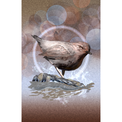 A stylized illustration of a small brown bird standing on a rock with water reflections, set against a soft beige and brown bokeh background with a faint circular halo behind it.