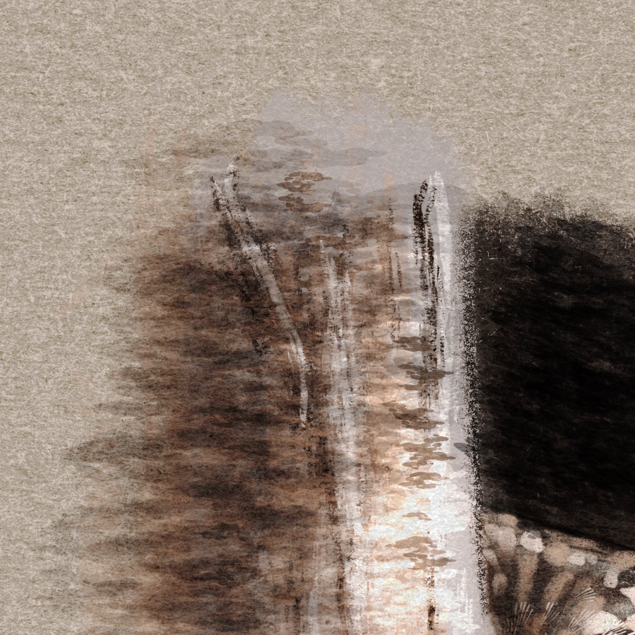 Abstract art with brown and black brush strokes on a textured beige background