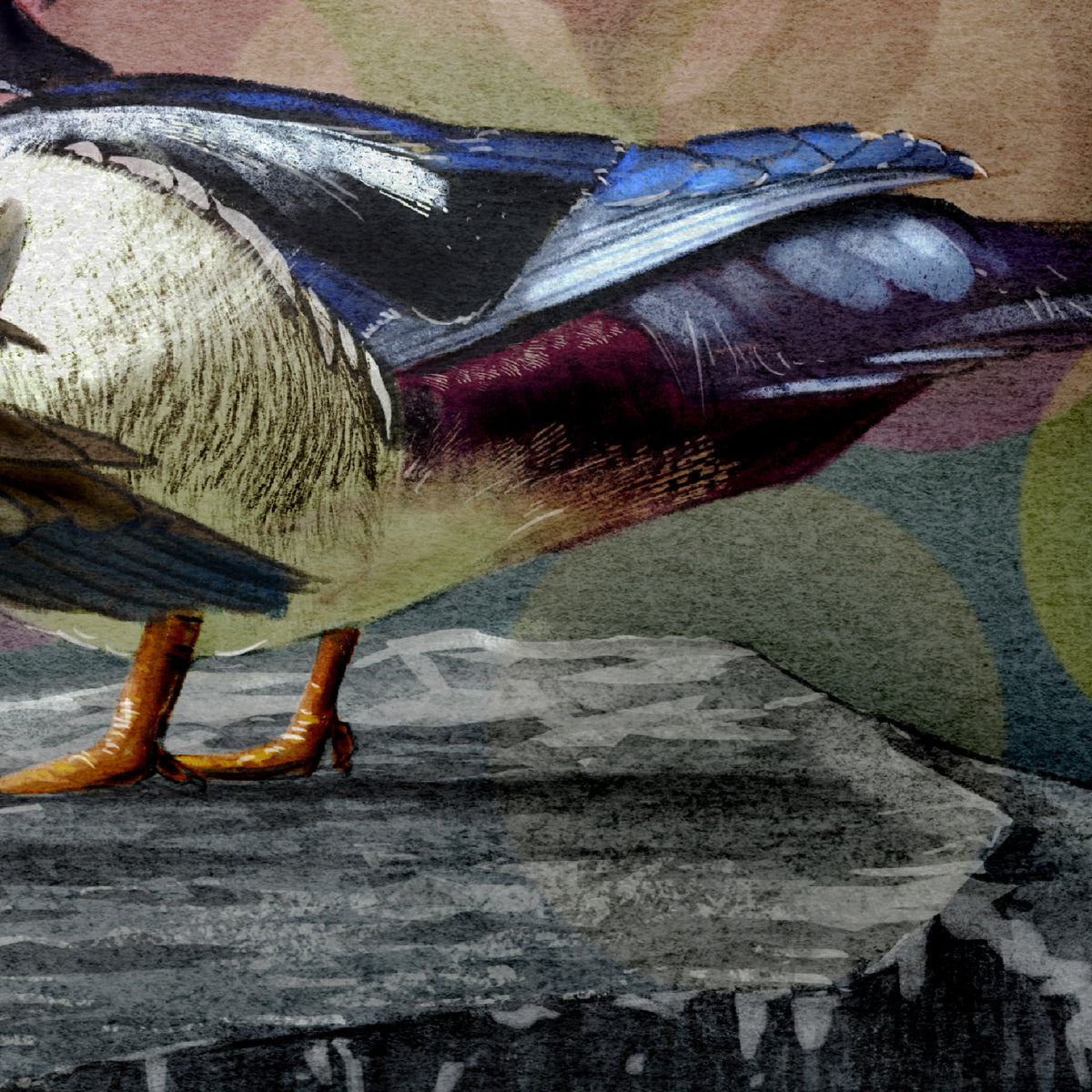 A close-up artistic illustration of a duck in profile, with blue wings, a cream and brown body, orange legs, and a textured multicolor background.