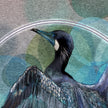 A stylized artwork of a dark bird, likely a cormorant, with spread wings and a curved beak, rendered in textured blue, teal, gray, and black tones against an abstract painted background.
