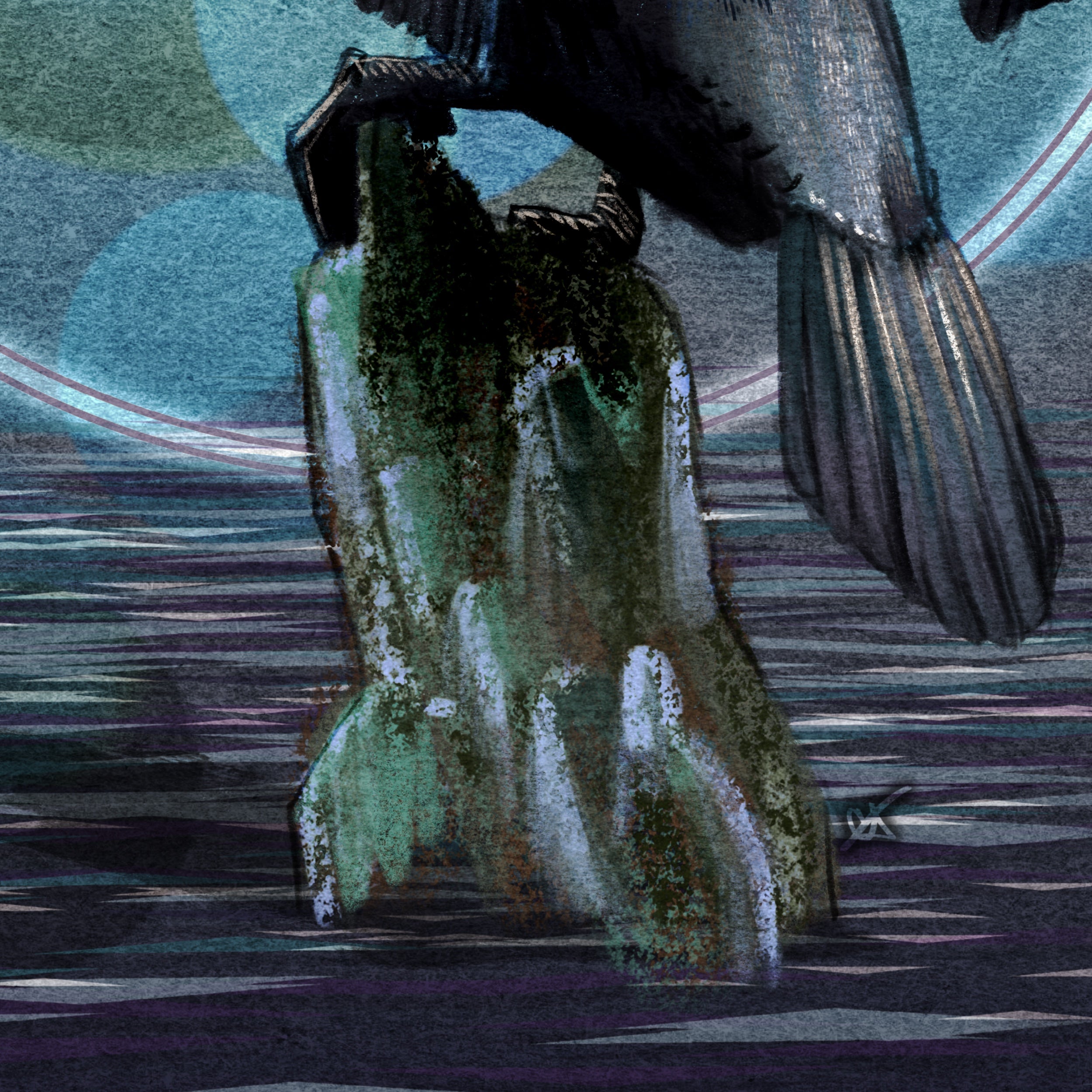 A stylized artwork showing a dark bird perched on a mossy rock over rippling water, rendered in textured blue, green, black, and gray tones.