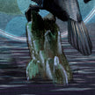 A stylized artwork showing a dark bird perched on a mossy rock over rippling water, rendered in textured blue, green, black, and gray tones.