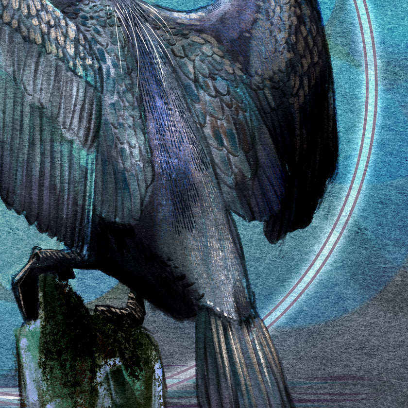 A close-up artwork of a bird with spread wings, rendered in textured blue, gray, black, and teal tones against a circular teal background.
