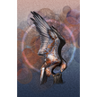 A stylized artwork of a large bird of prey with wings spread, rendered in dark charcoal and warm brown tones against an abstract background with circular bokeh-like shapes in muted pink, blue, and brown.