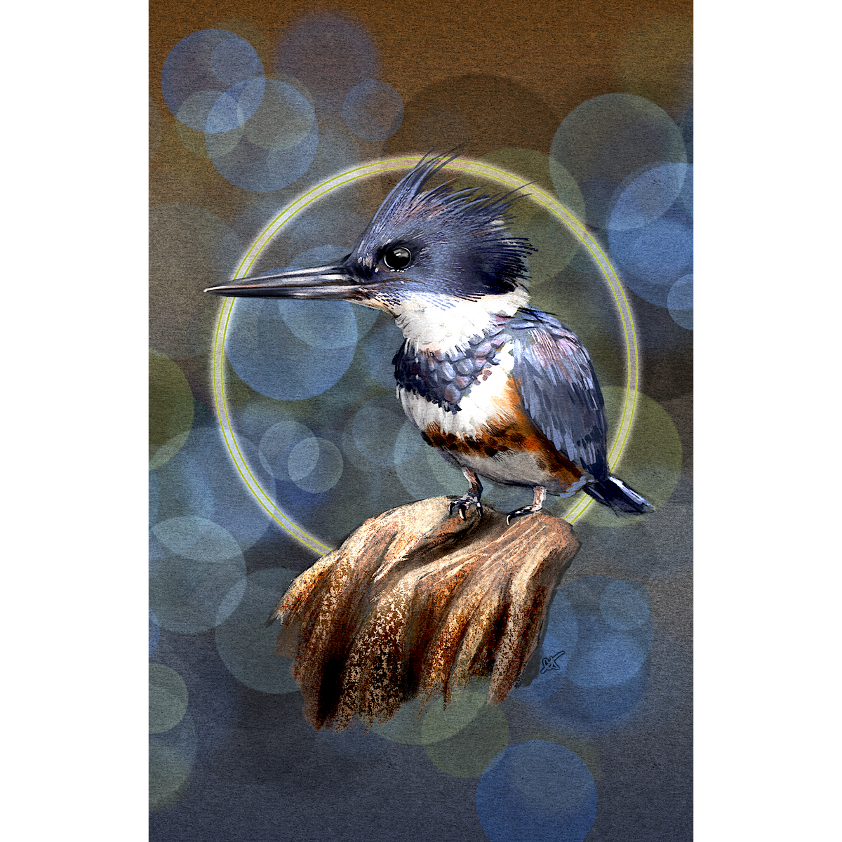 A stylized artwork of a belted kingfisher perched on a stumped branch of wood, with a glowing circular halo behind it and a warm brown, green and blue background. The scene appears to be the product itself rather than a photo of a physical object in a room.