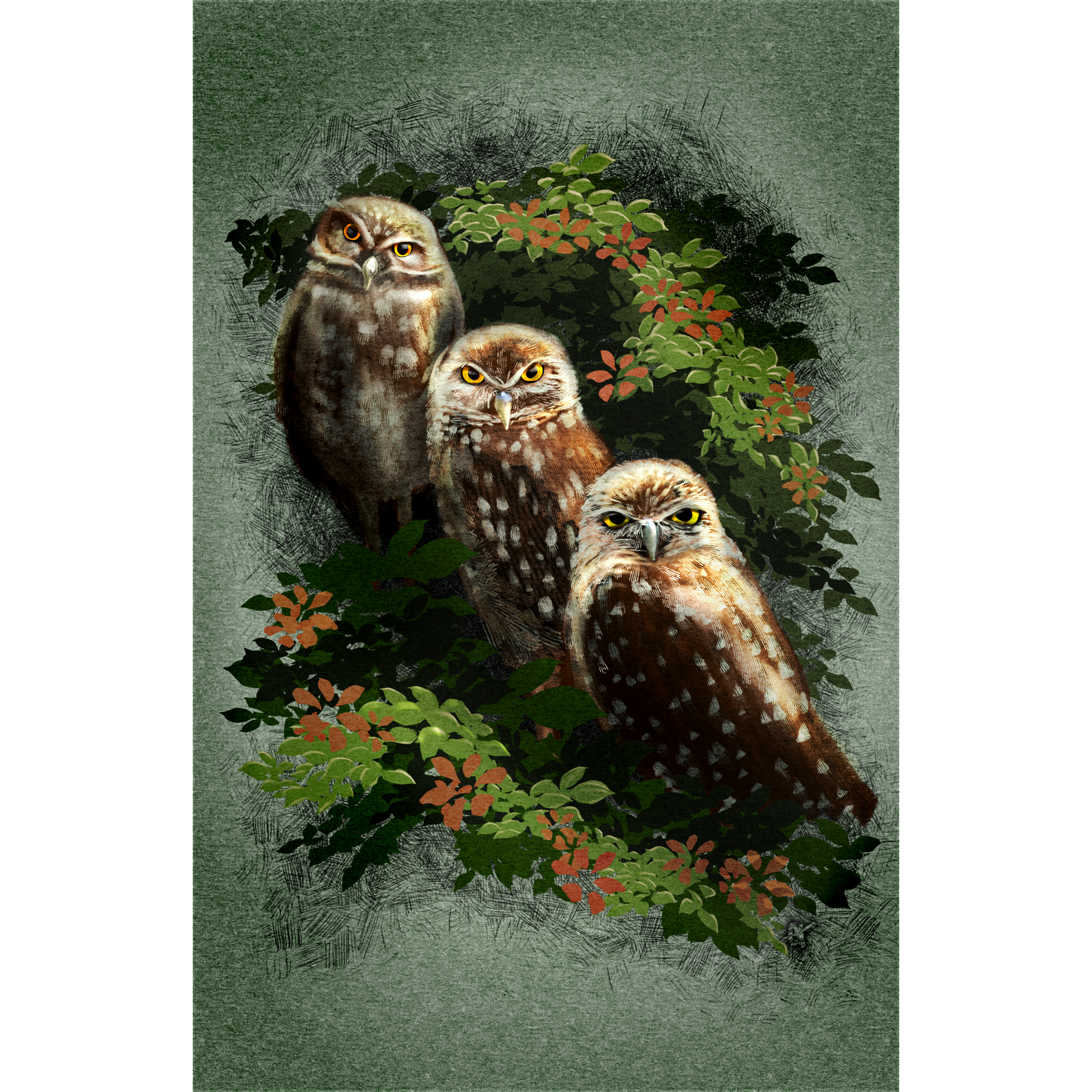 Three owls surrounded by foliage on a textured green background
