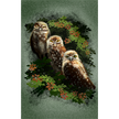 Three owls surrounded by foliage on a textured green background