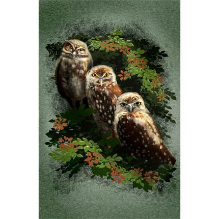 Three owls surrounded by foliage on a textured green background