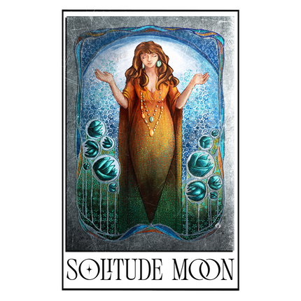 Artistic depiction of a woman with outstretched arms, surrounded by mystical symbols, with 'Solitude Moon' text below.
