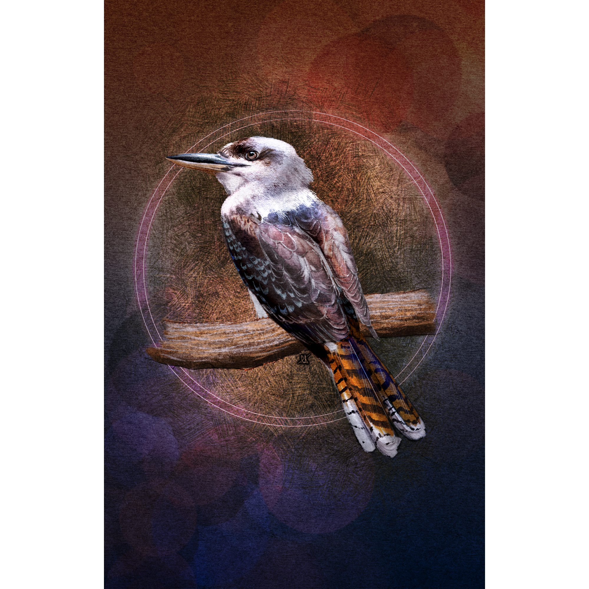 Artistic illustration of a bird perched on a branch with a textured brown and purple background.