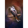 Artistic illustration of a bird perched on a branch with a textured brown and purple background.