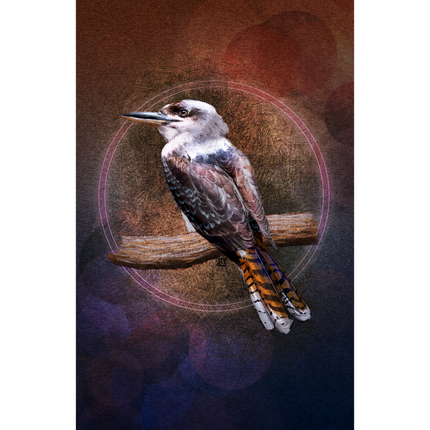 Artistic illustration of a bird perched on a branch with a textured brown and purple background.