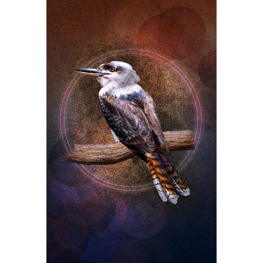 Artistic illustration of a bird perched on a branch with a textured brown and purple background.