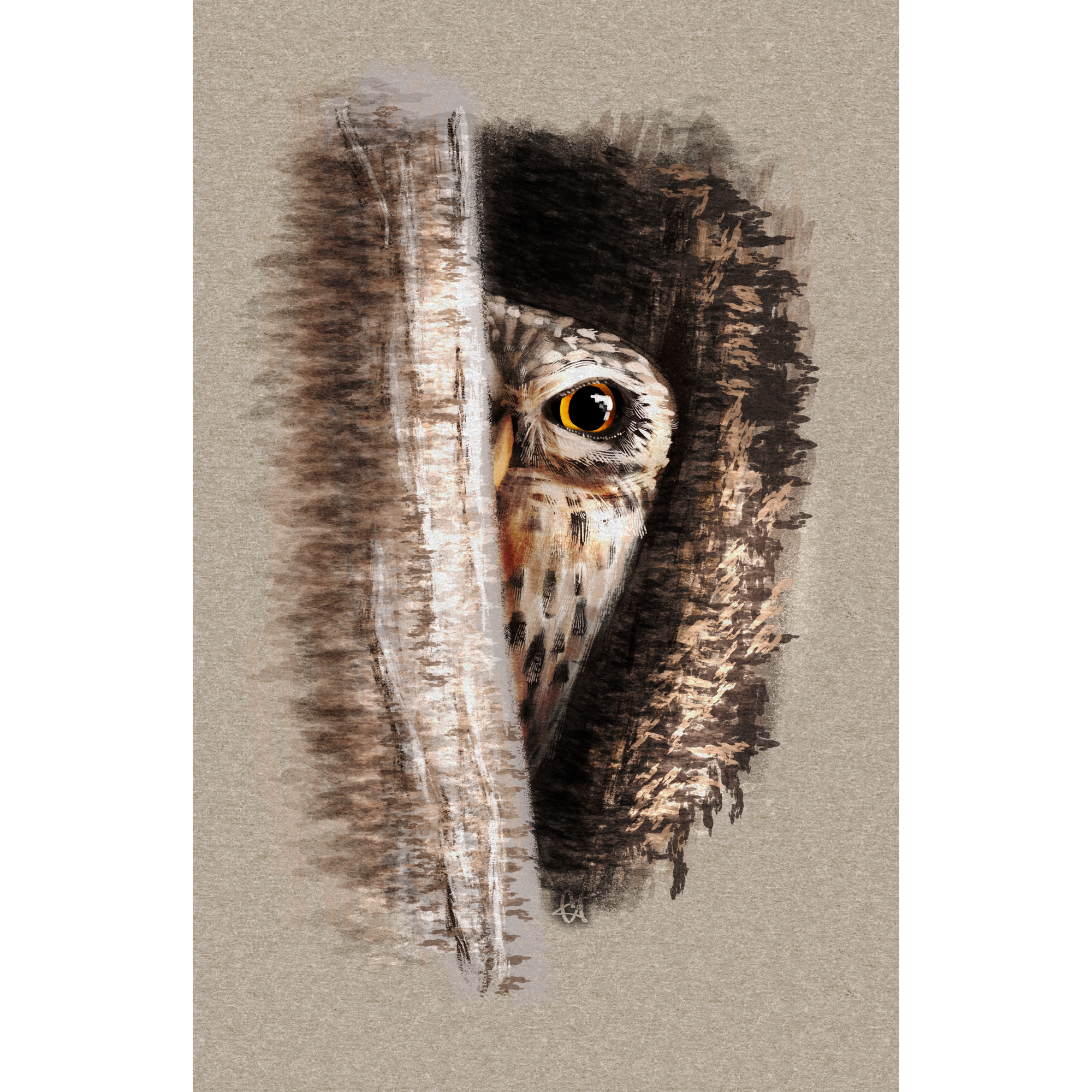 Artistic depiction of an owl's face with a textured background