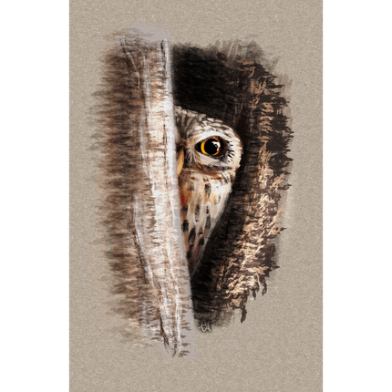 Artistic depiction of an owl's face with a textured background