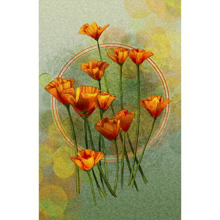 A stylized floral artwork showing a cluster of orange poppy-like flowers with green stems on a textured pale green background with soft yellow bokeh circles and a faint circular line motif.