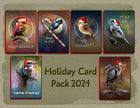 Set of eight holiday cards featuring birds with Santa hats on a textured brown background.