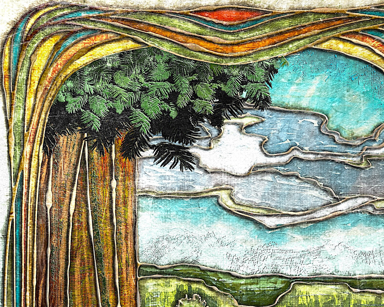 Decorative artwork of trees and water with a stylized border