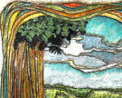 Decorative artwork of trees and water with a stylized border