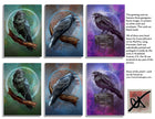 Set of six greeting cards with raven illustrations on colorful backgrounds.