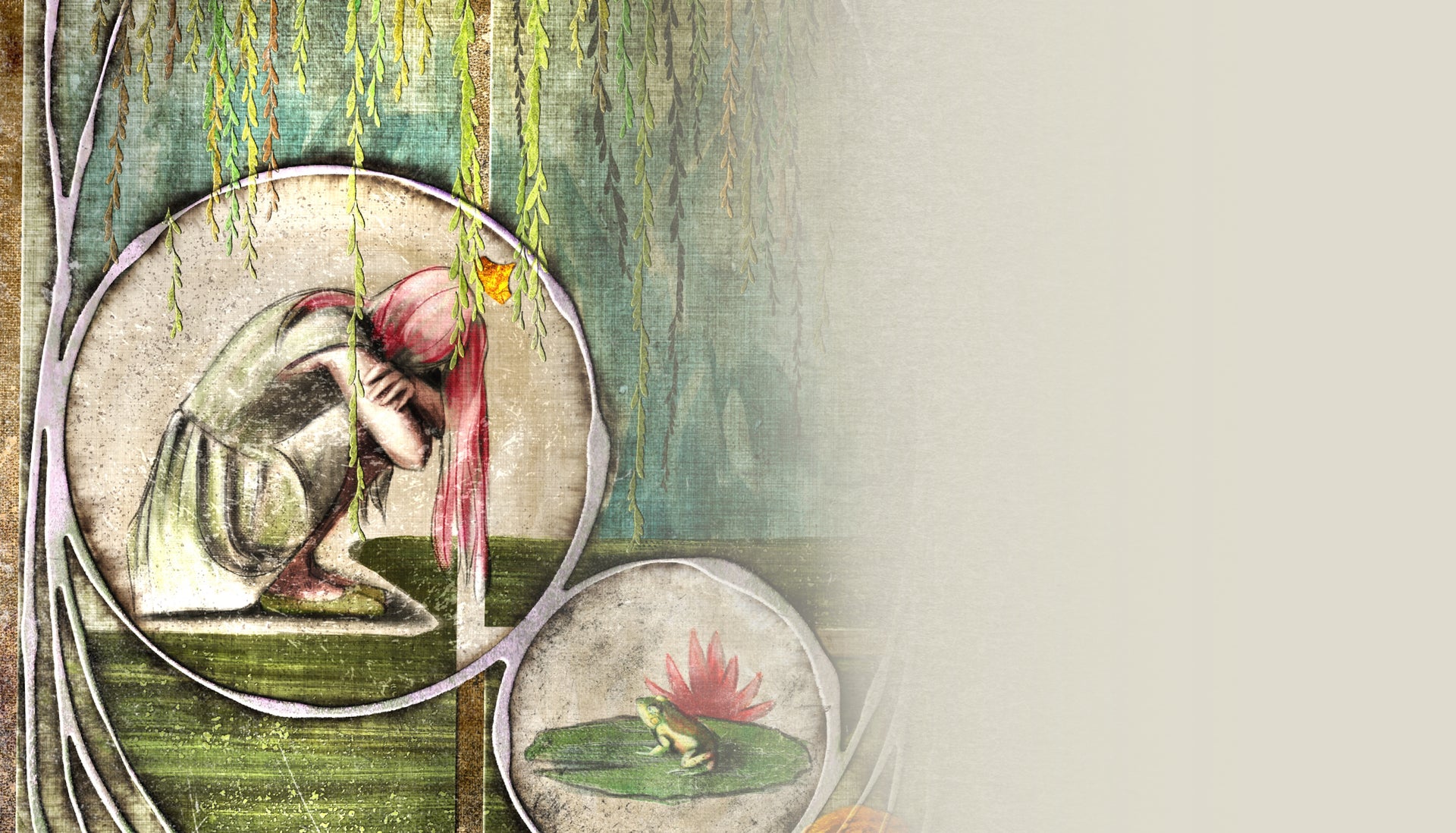 Two artworks side by side on a textured beige background. One depicts a bird, the other a more abstract design.