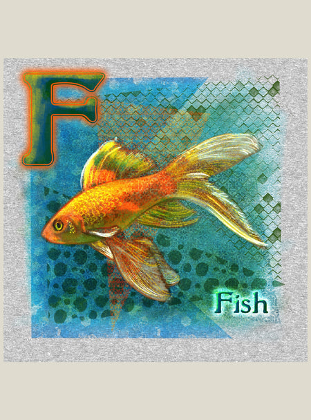 Illustration of a goldfish with the letter 'F' and the word 'Fish' on a textured background.