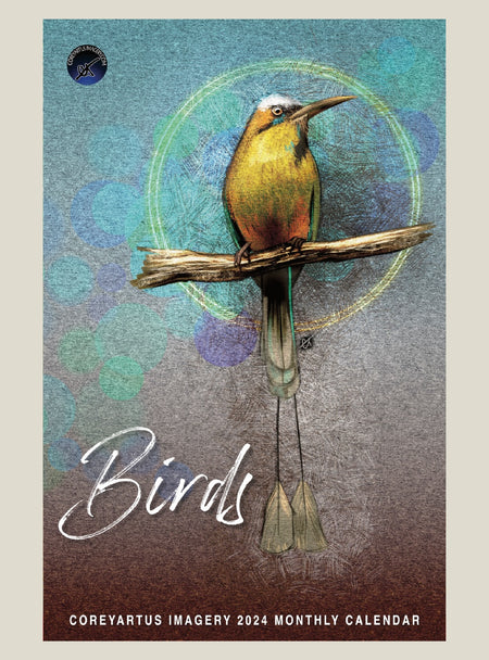 Calendar cover with a colorful bird illustration on a branch against a textured background.