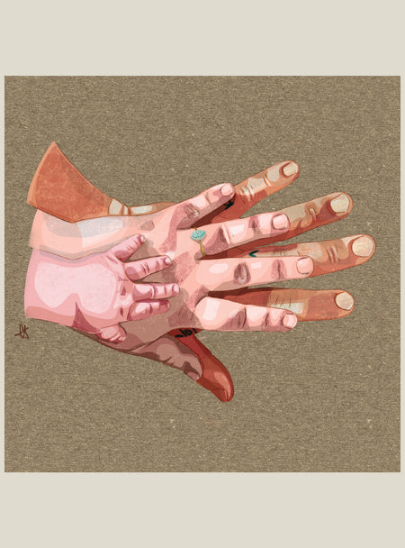 Illustration of a hand with a mechanical component on a textured beige background