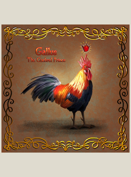 Decorative card with a rooster illustration and ornate border on a brown background