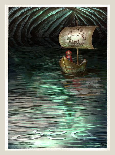 Fantasy scene with a boat on water under a large leaf-like structure.