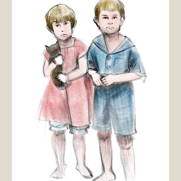Illustration of two children holding a cat and a dog on a plain background