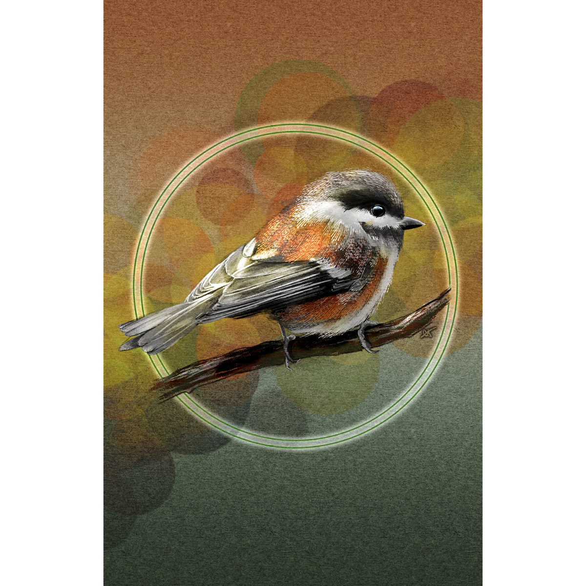 A textured stylized print of a bird, perched on a branch with orange, green, and gold coloration behind it on a paper-like background.
