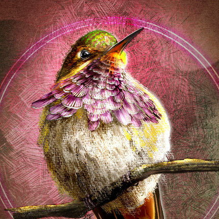Colorful bird illustration on a pink and brown abstract background