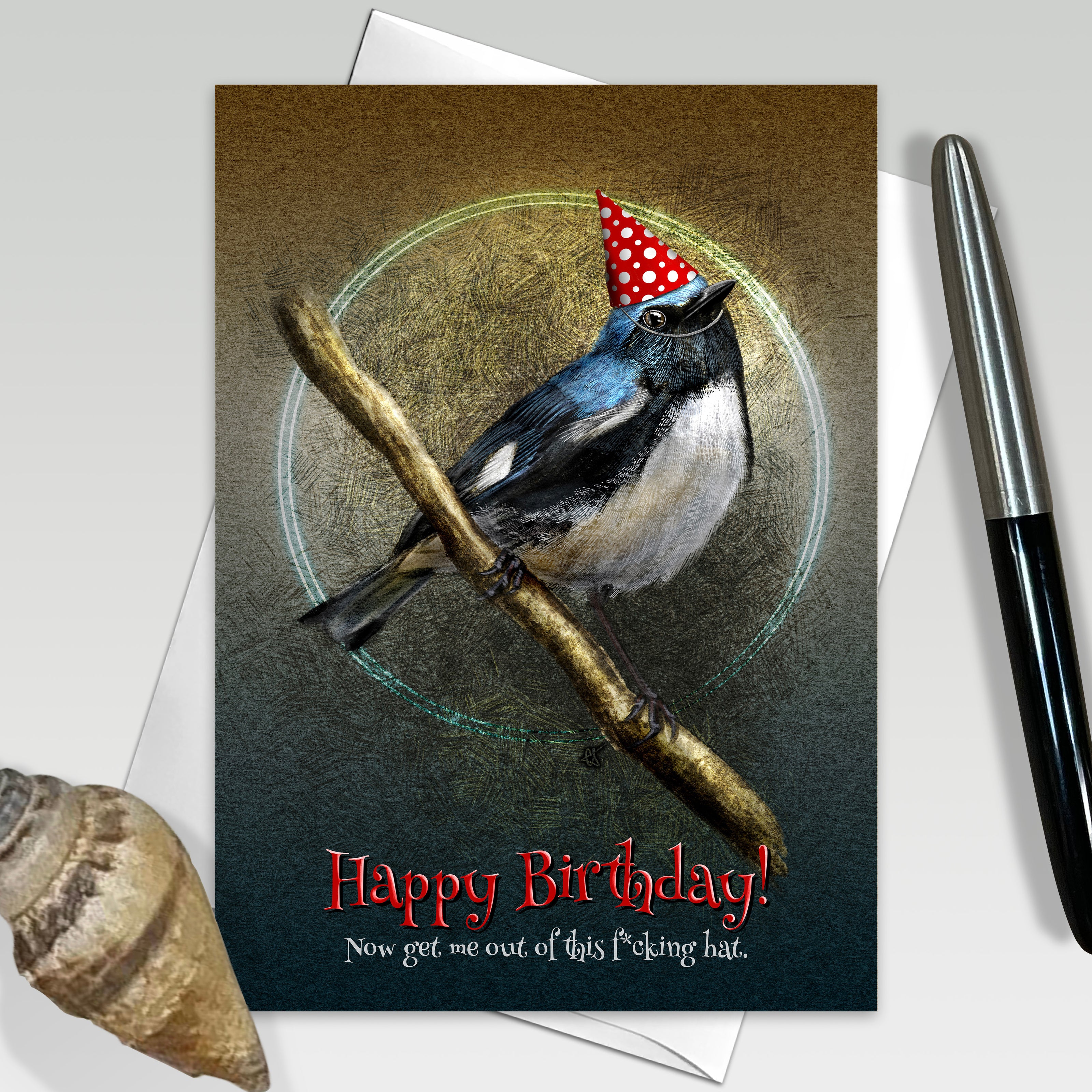 Birthday card with a bird wearing a party hat on a branch, with a pen and shell in the background.