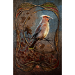 Bird perched on a branch with decorative leaves and patterns