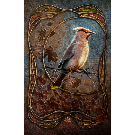 Bird perched on a branch with decorative leaves and patterns