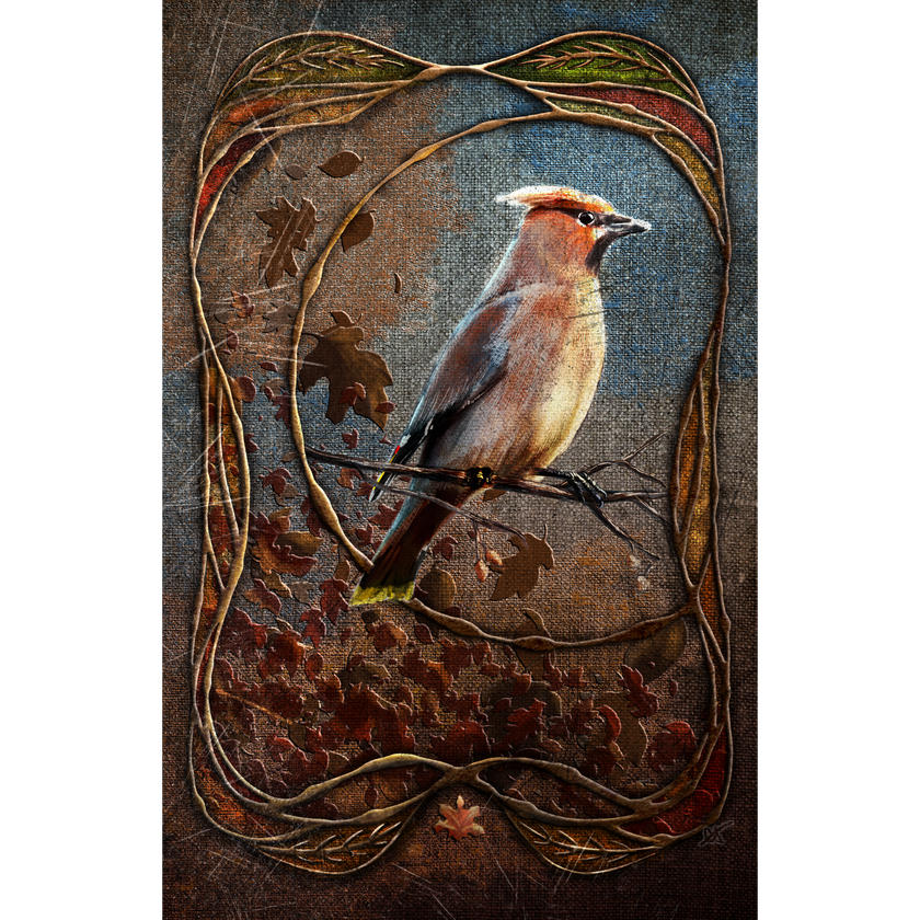 Bird perched on a branch with decorative leaves and patterns