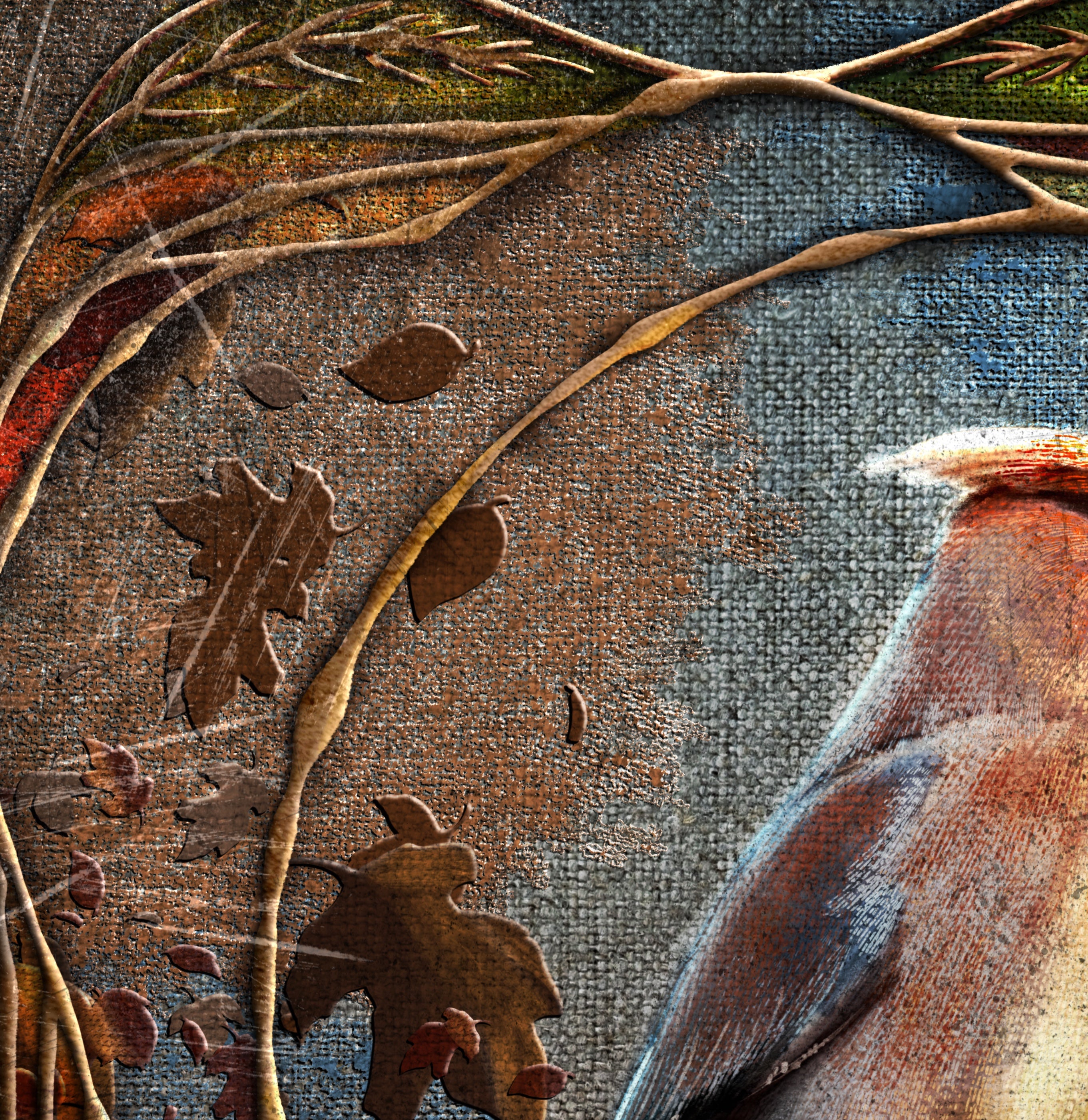 Close-up of a textured surface with leaves and a bird