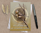 Greeting card with a bird illustration and humorous text on a brown background. Text says 
