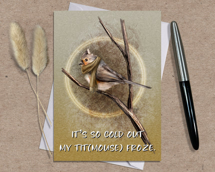 Greeting card with a bird illustration and humorous text on a brown background. Text says 