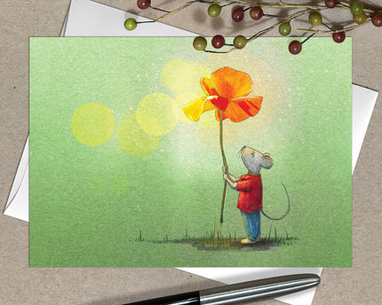 Card with illustration of a mouse holding a large flower, on a textured surface.